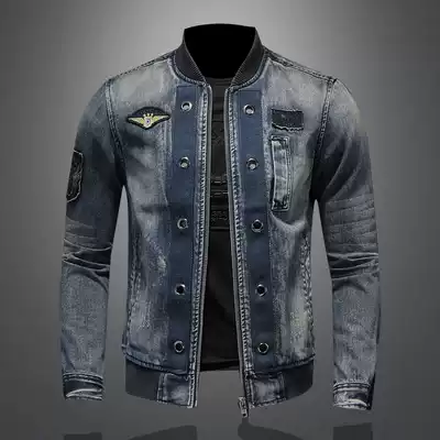 2021 Spring and Autumn Stand Collar Flying Badge Zipper Jacket Youth Vintage Jacket Men's Baseball Clothing Denim