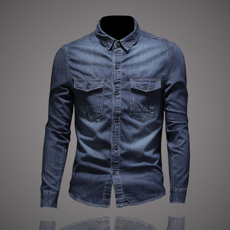 New Long-Sleeved Pure Cotton Denim Shirt for Men, Trendy Casual Simple Solid Color Denim Jacket, Stylish Young Men's Denim Coat