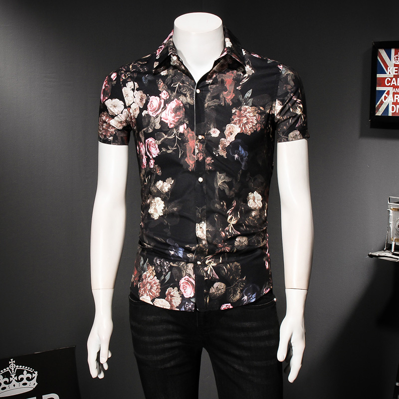 China Wind Plant Printed Large Size Yard floral shirt for men individuality comeback crumbre short sleeves Inch Clothing sweaters Shirt Tide Cards