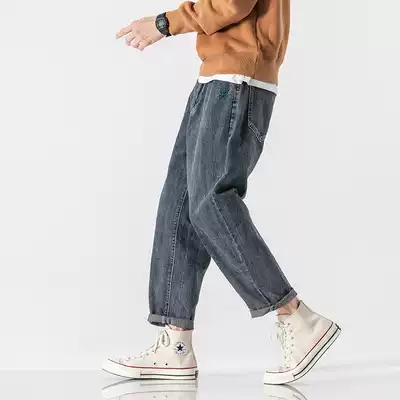 Japanese retro loose straight jeans men's spring and autumn dark blue embroidery casual small straight leg long pants youth tide brand