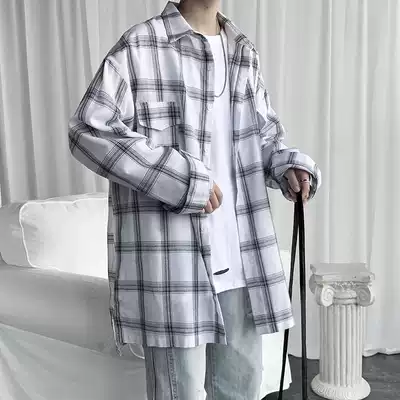 Japanese retro sunscreen plaid shirt windbreaker men's medium and long version loose casual youth thin shirt jacket summer