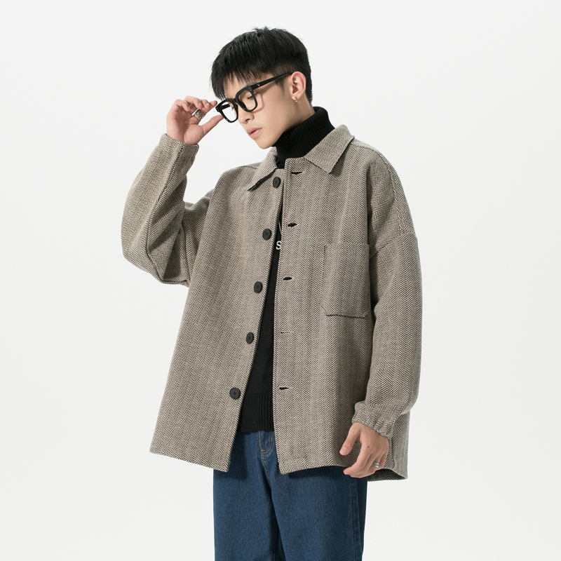 Autumn and winter woolen coat male short version of trench coat Japanese trend loose male student herringbone pattern lapel woolen coat
