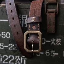 Japanese version of retro Amei Kazi tooling style tanned cowhide leather thick handmade mens leather copper buckle belt