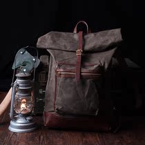 Individual outdoor camping adventure American heavy oil wax canvas with thick tanned cowhide scroll backpack