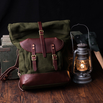 Mountain style outdoor individual camping reengraved scroll backpack heavy canvas with tanned cowhide