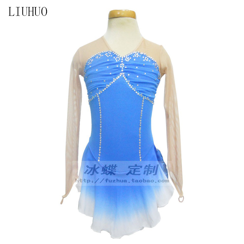 Ice Butterfly Set As Ice Skating Suit Children Figure Skating Clothing Long Sleeve Ice Skating Competition Wear Blue White Progressively BD96