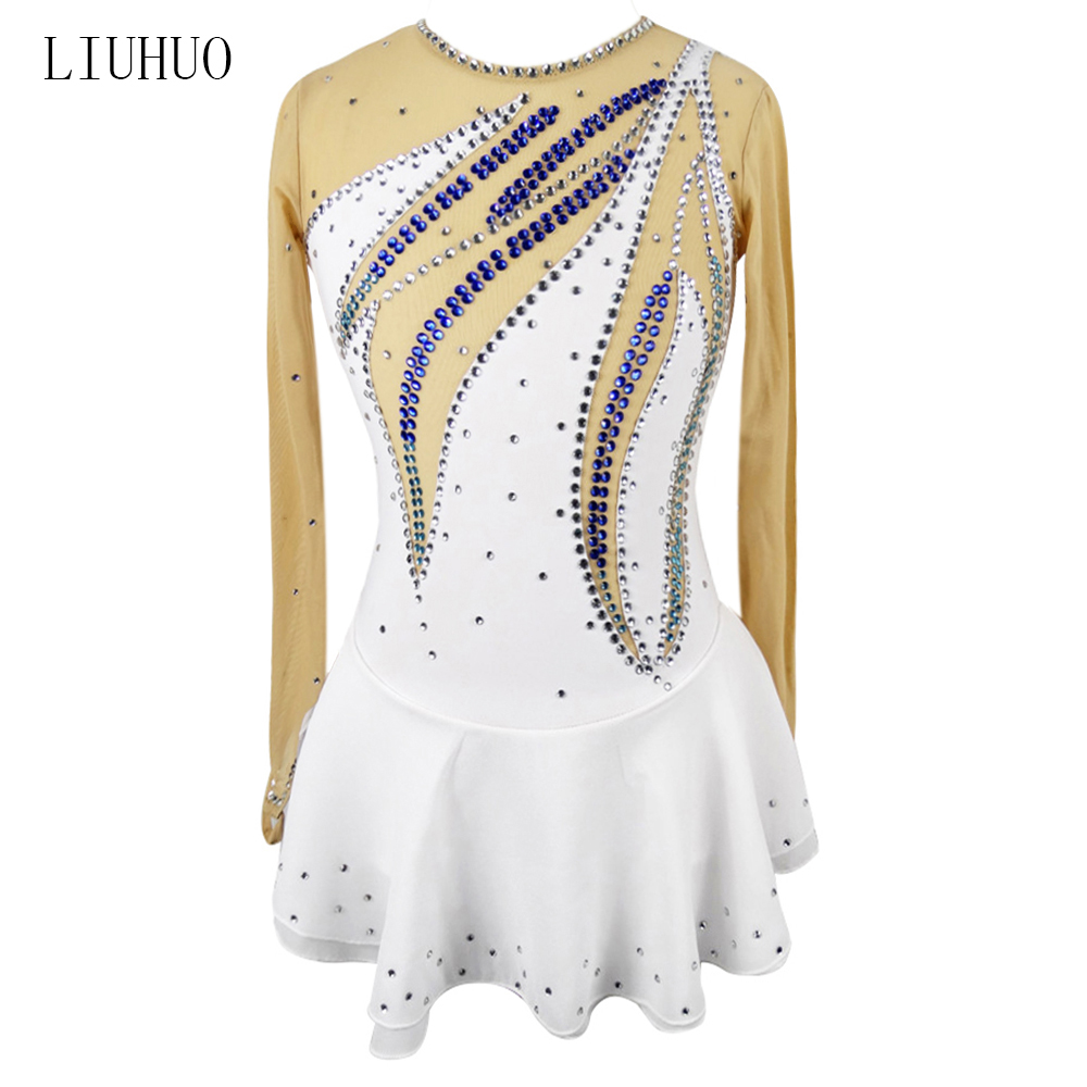LIUHUO Children Figure Skating Examination Test Suit Sparkling White Swan With Ice Skirt Cheerleading Skirt White BD297