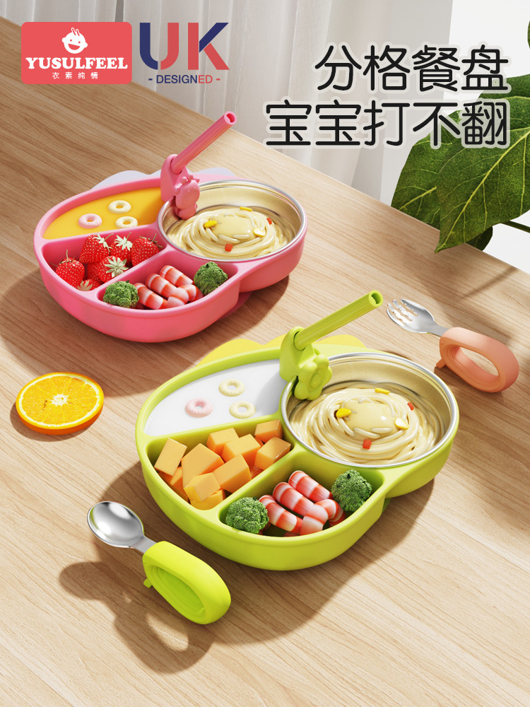 Baby Plate with Compartments, Suction Cup Integrated Silicone Feeding Bowl, Baby Learning to Eat Training Spoon, Children's Tableware