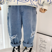 Childrens clothing jeans Han version Broken Hole Pants 2022 Spring new boy Ocean Gas Relaxed Casual Old Daddy Pants Tide