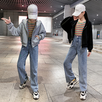 Girl set 2021 New Korean version 13 big boy denim wide leg pants two-piece set 15-year-old student casual wear 12 tide