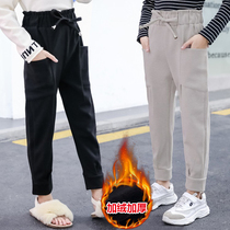 Girls autumn and winter pants 2021 new fashionable childrens woolen Twins Plus velvet casual pants loose leggings foreign style outside wear