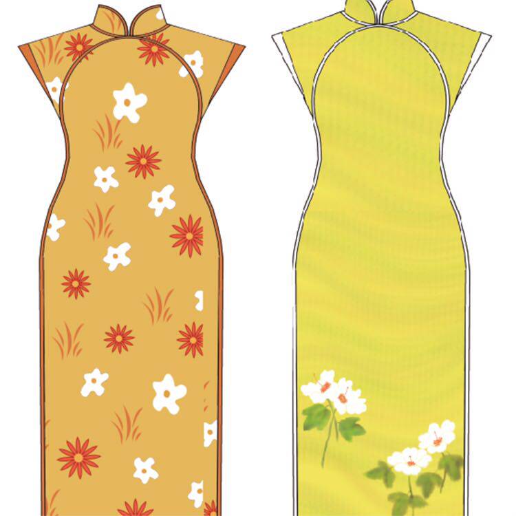 (Small yellow bottom flowers on the left and yellow flowers on the right)The Republic of China flat cut one-piece non-provincial cheongsam