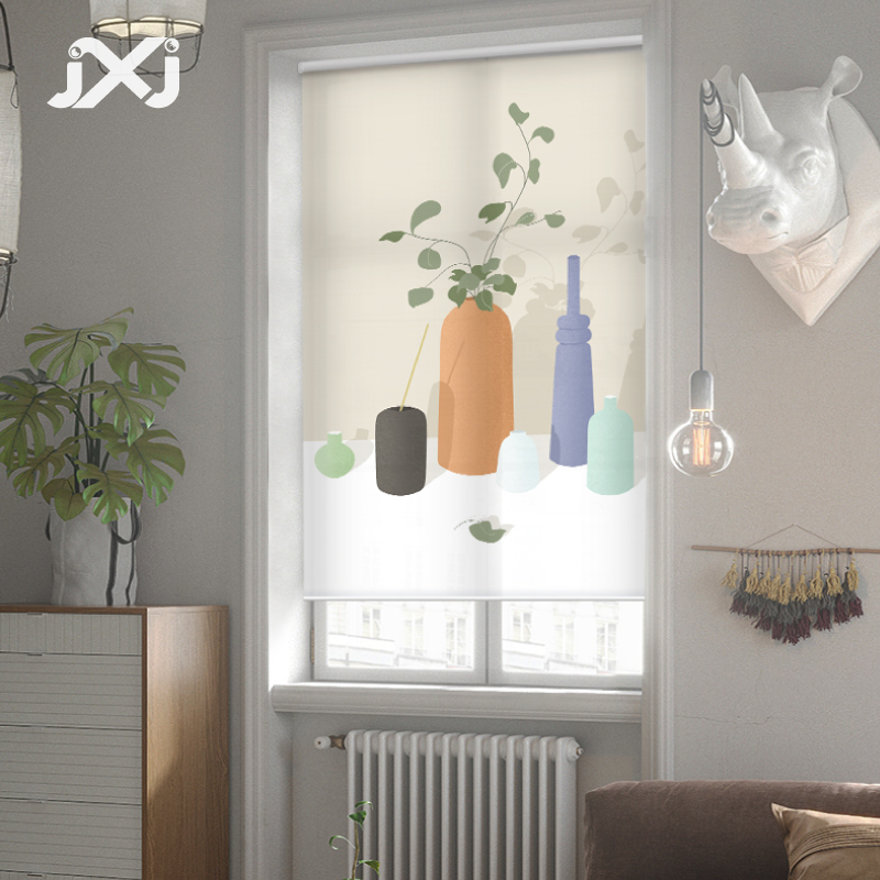 Original Design Printed Scroll Curtains from Jixiangjia, No-Drill Installation, Roll-Up Electric Lift Curtains, Blackout and Sunshade Curtains