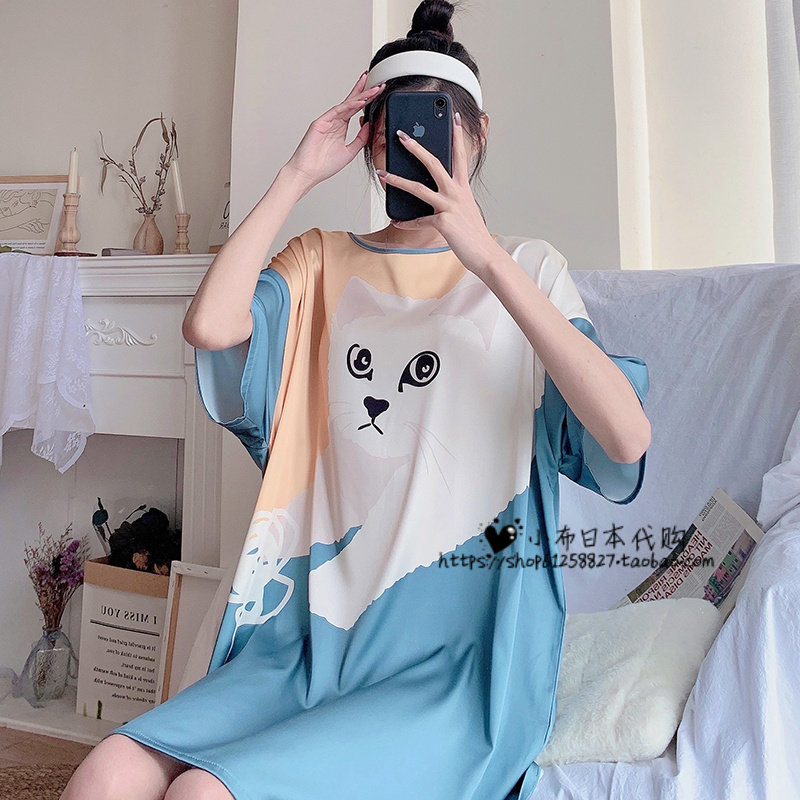 Japanese gelato cute cat ice silk print nightdress female summer cartoon short-sleeved shorts pajamas can be worn outside