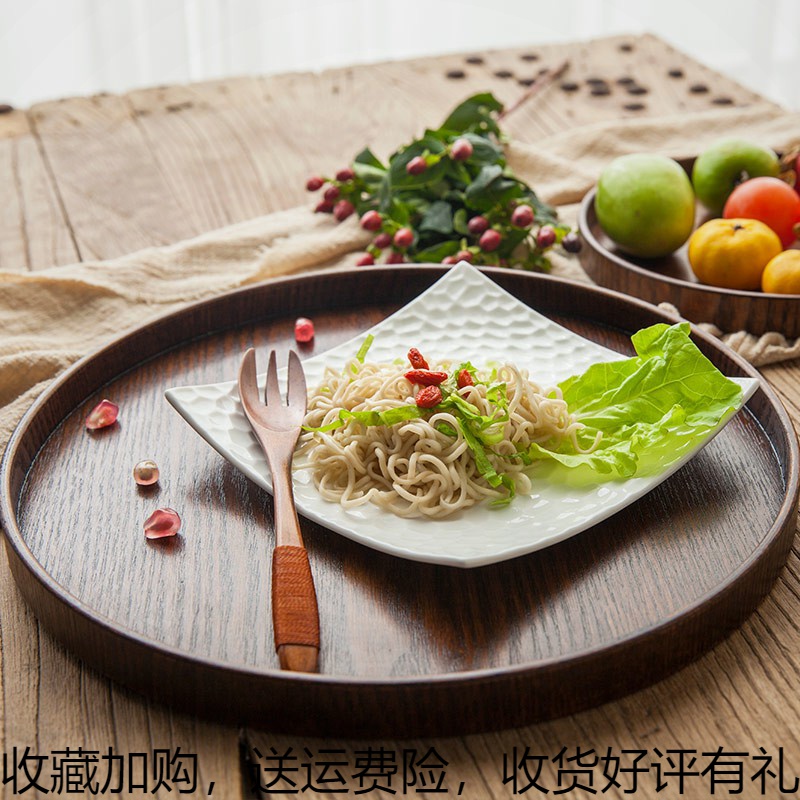 Day Style Wood Pan Solid Wood Coffee color brown Dish Round Creative Water Tray Size Wood Ware Tray tray Dish Wooden Tray