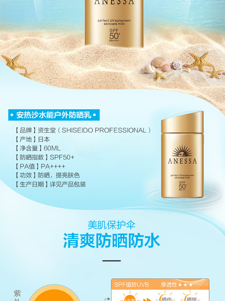 资生堂旗下，日本进口：60ml ANESSA安热沙 金瓶安耐晒防晒乳 SPF50+ PA++++ 98元包邮 值值值-买手聚集的地方