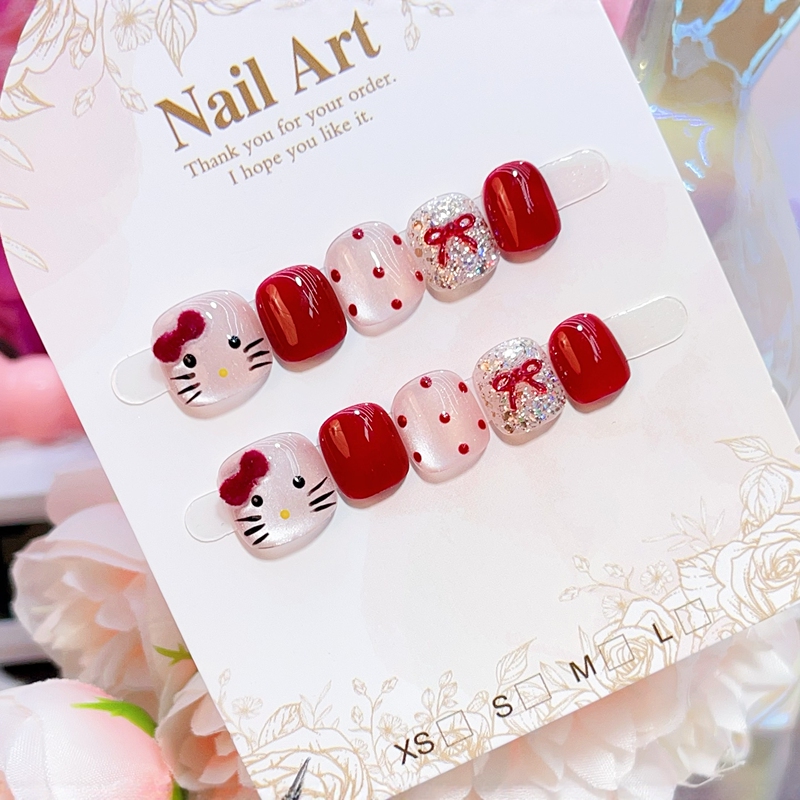[Cat Eye Polka Dot Kt Cat] Children's Handmade Wearable Nails Pink Cat Eye Red New Year Hello Kitty Short Nail Art