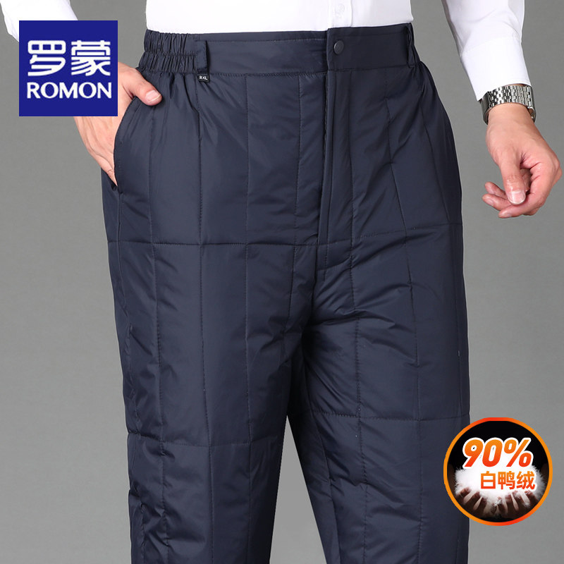 Romon Dad Down Pants Men Outwear Thickening Middle Aged Warm Duck Suede Trousers Straight Barrel Cotton Pants Winter Grandpa-Taobao