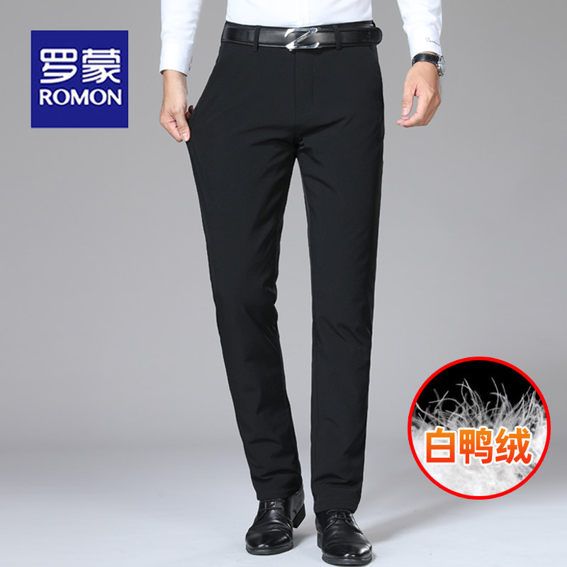 Romon Down Pants Men Outwear Winter Warm Casual Cotton Pants Middle-aged Dad Plus Suede Thickened Business Positive Dress-Taobao
