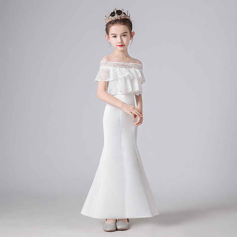 Girl White Princess Nepotism Baby Tail Child Small Host Girl Walking Show Pompon Evening Gown Dress for the summer