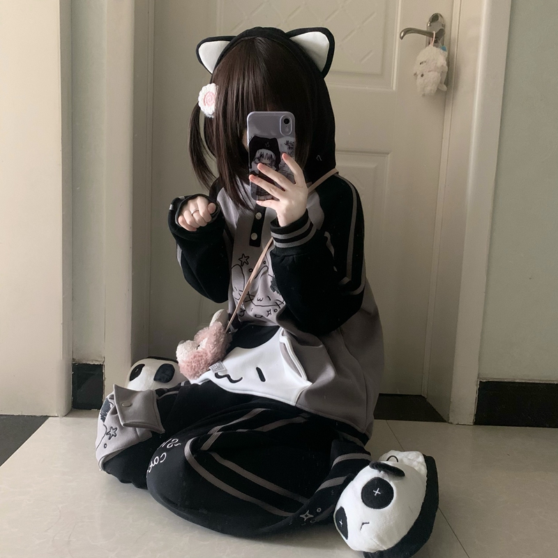 Qiuqiu LAOSHU Cute Black and Gray Kitten Ear Embroidered Hooded Long Sleeve Sweatshirt and Long Pants Set with Large Pockets Qiuqiu LAOSHU Cute Black and Gray Kitten Ear Embroidered Hooded Long Sleeve Sweatshirt and Long Pants Set with Large Pockets