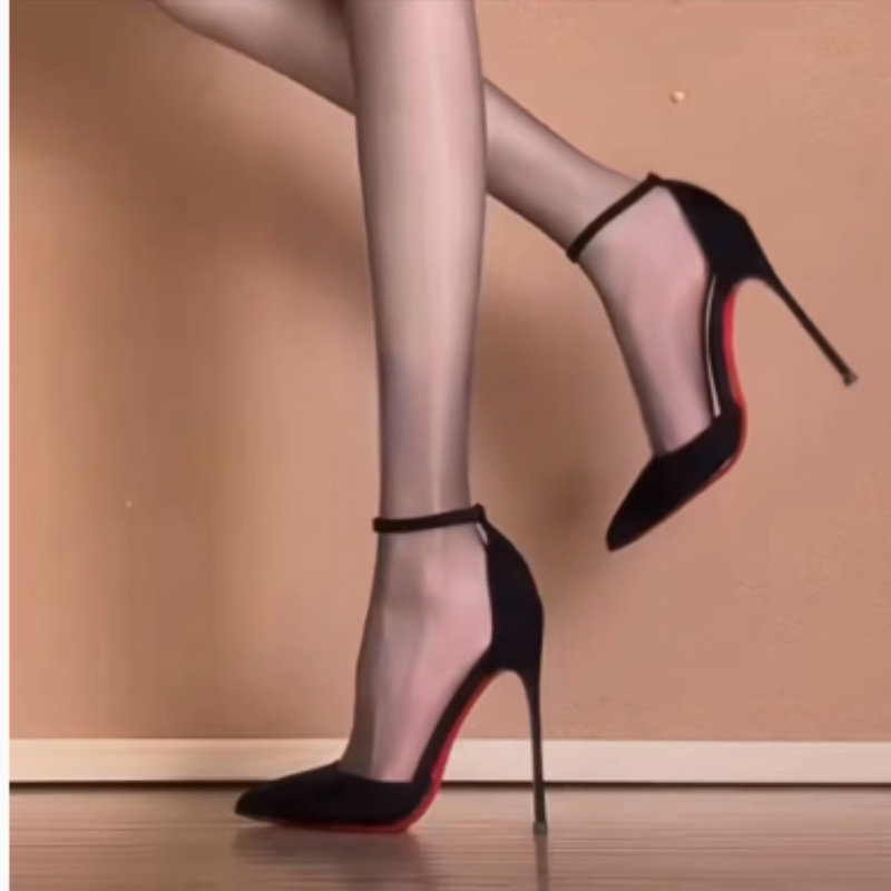 2026 Autumn/Winter New Black Suede High Heels Women's Stiletto Pointed Toe Sexy Red Sole Hollow Ankle Strap Single Shoes 2026 Autumn/Winter New Black Suede High Heels Women's Stiletto Pointed Toe Sexy Red Sole Hollow Ankle Strap Single Shoes