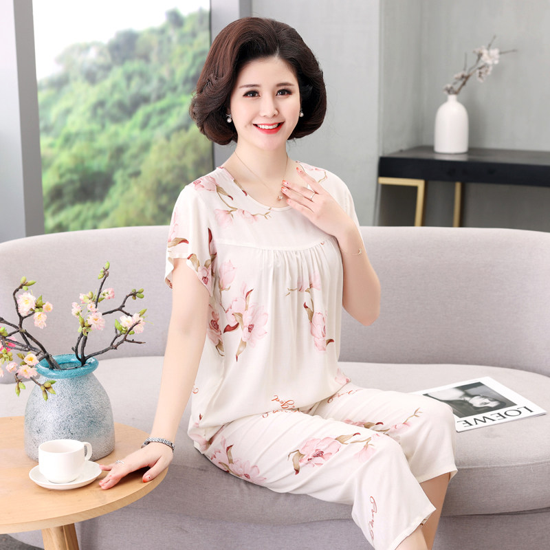 Painting Summer Middle Aged Home Consuit Women's Suit Women's Artificial Cotton Pyjamas Two Ladies Cotton Silk Short Sleeve Suit Summer