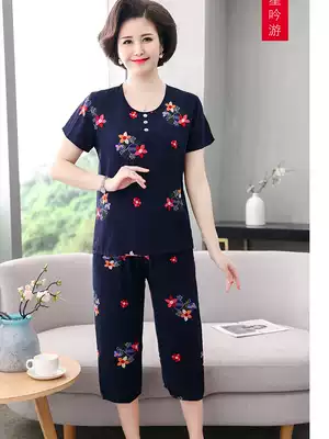 Painting summer middle-aged cotton silk short-sleeved lady suit Xia mother artificial cotton pajamas two-piece home suit women