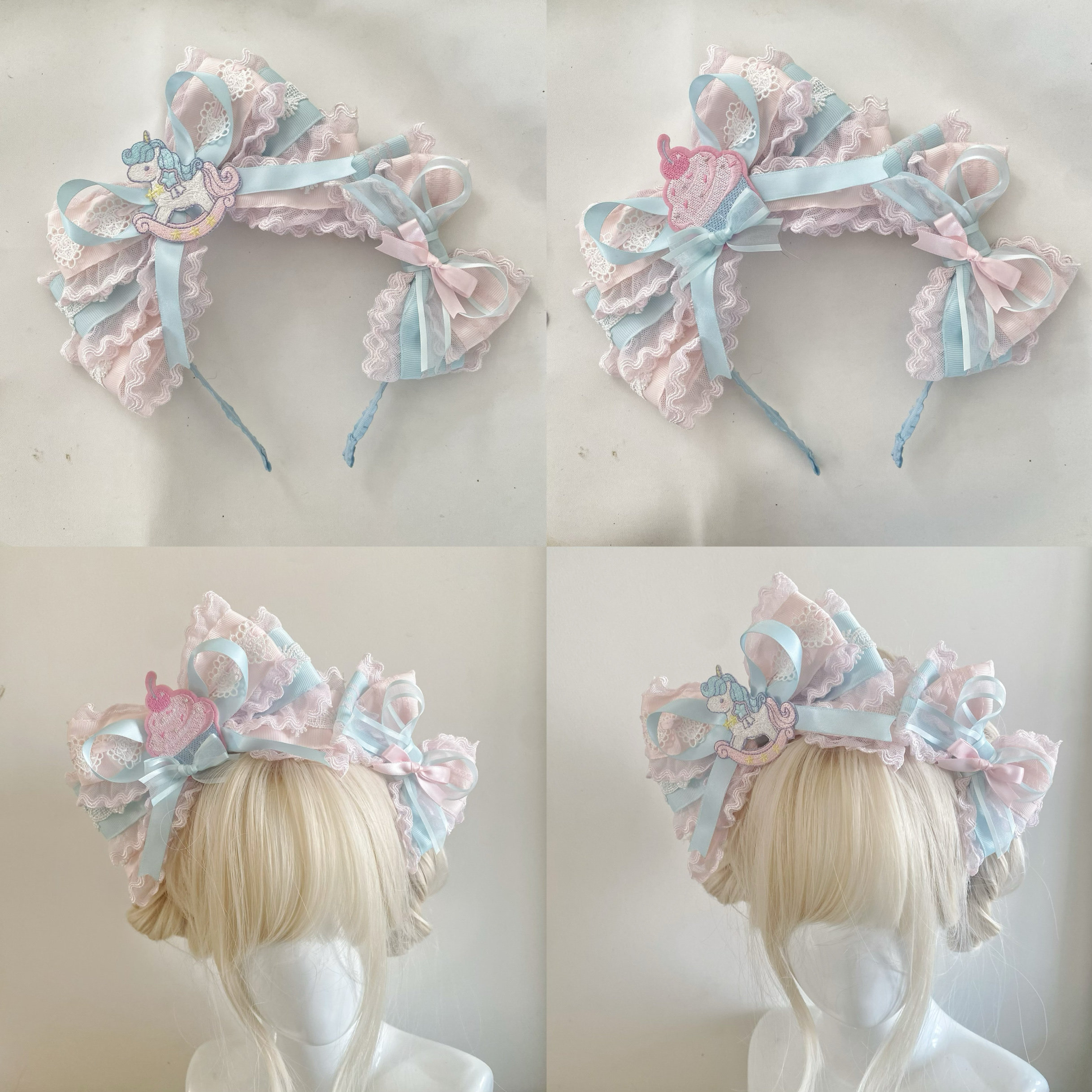 Handmade pink and blue mini cakes, bow headbands, Lolita headbands, rocking horses, cute KC sweet twin accessories