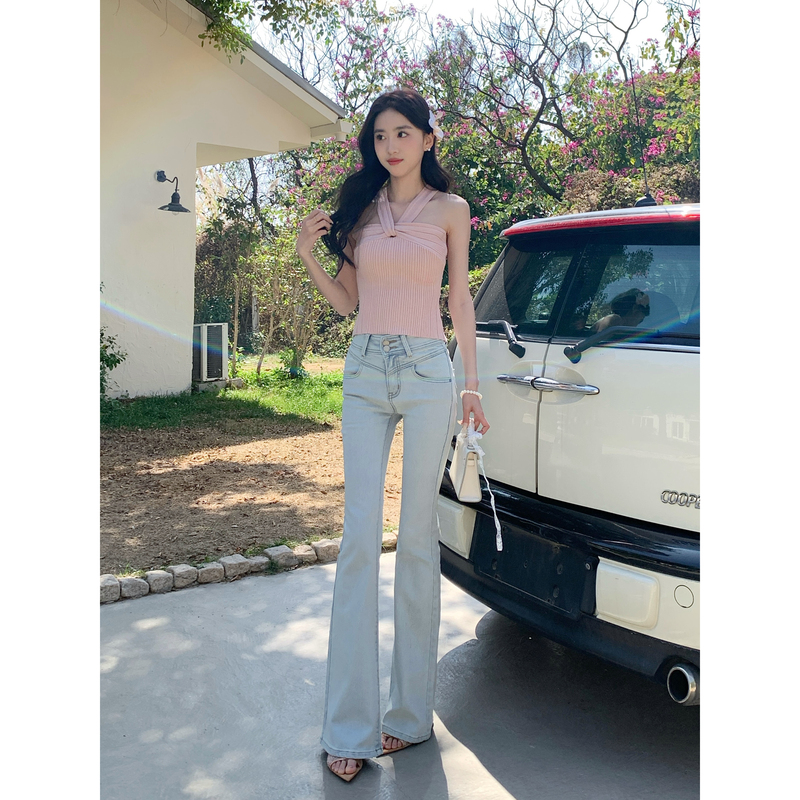 Little Rabbit Flower Tea【Spring Sweetheart】Bowknot Girl's New Spring High-Waisted Flared Jeans Slimming Effect