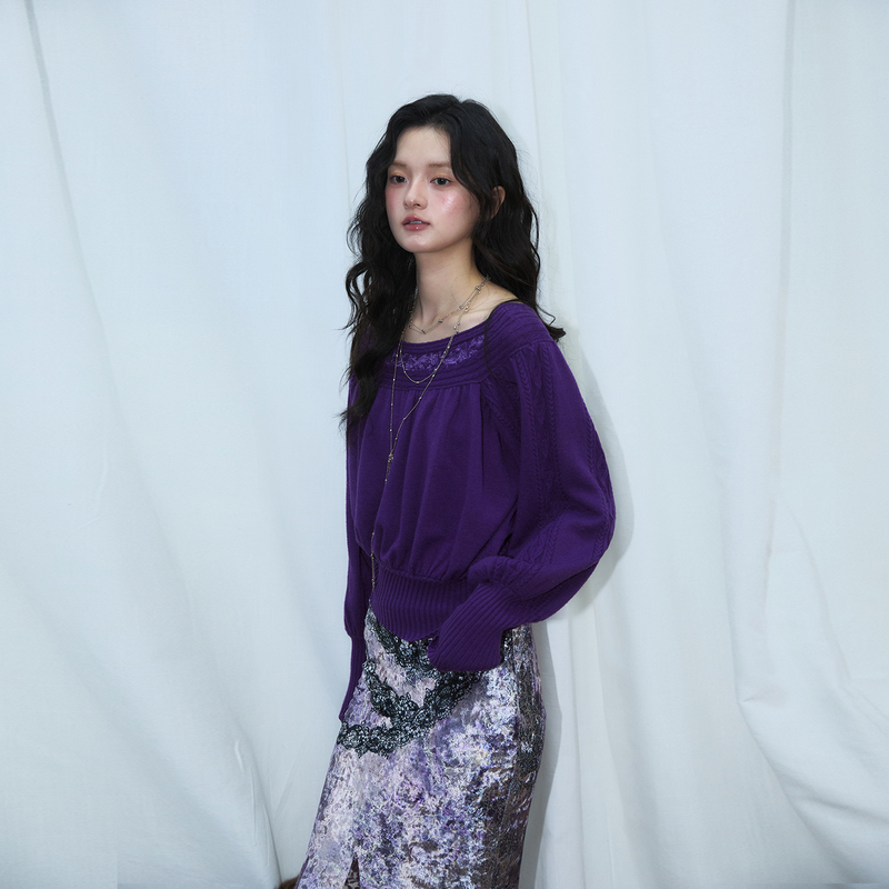 Sevening 【Cangshan Purple】 Purple Embroidered Knit Slimming Top, Wearable in Two Ways, Thick for Autumn and Winter Women Sevening 【Cangshan Purple】 Purple Embroidered Knit Slimming Top, Wearable in Two Ways, Thick for Autumn and Winter Women