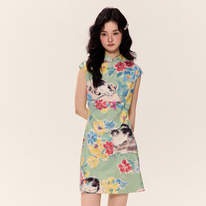 Sevening 【Green Summer Cat Sleep】 New Chinese-Style Green Cute Cat Cheongsam Vintage Dress
