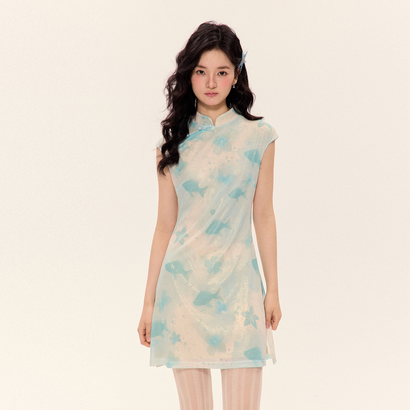 Sevening 【Fish Shadow Delicate】 Shiny Goldfish Cheongsam New Chinese Style Dreamy Dress for Women Summer Sevening 【Fish Shadow Delicate】 Shiny Goldfish Cheongsam New Chinese Style Dreamy Dress for Women Summer