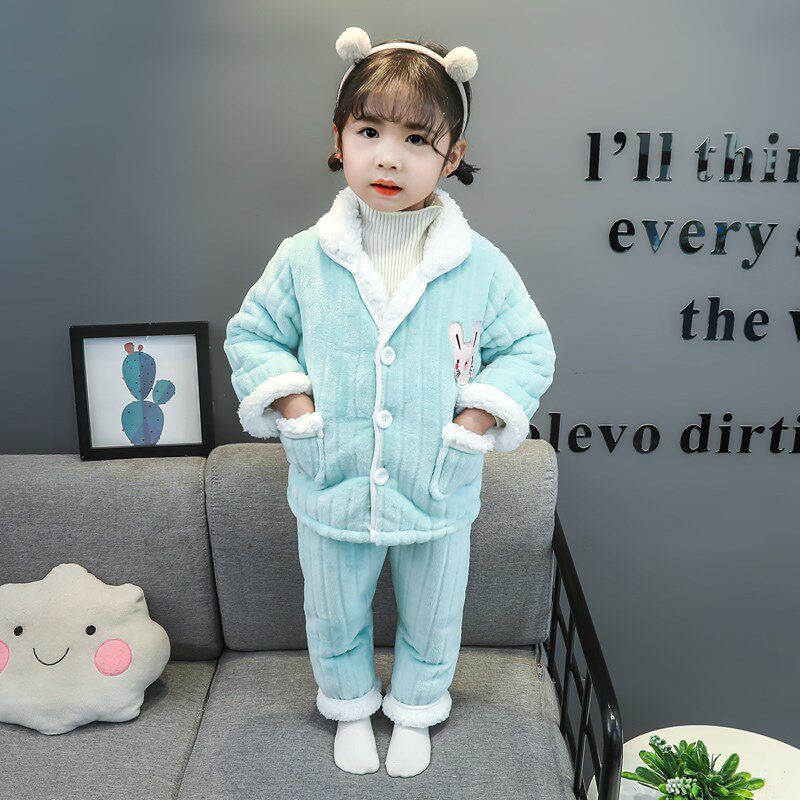 Children's child flange suede pyjamas winter baby coral suede plus overgenerous three layers of laminated cotton girl's home clothes