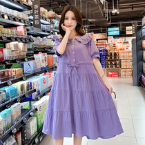 Maternity dress 2021 maternity dress summer new plus size top over the knee doll collar cotton and linen maternity dress