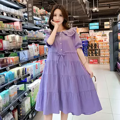 Pregnant women's dress 2021 pregnant women's summer new large size coat over the knee doll collar cotton linen pregnant women's dress