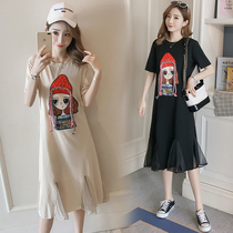 Maternity dress summer cotton T-shirt stitching mother pu milk feeding clothes loose cover belly over the knee mid-length section