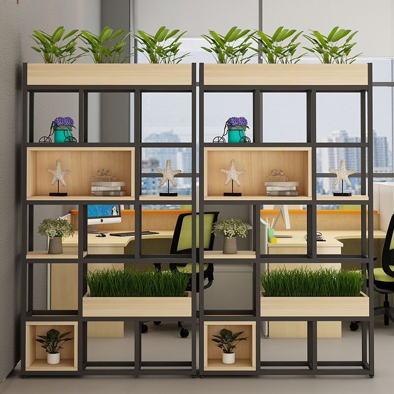 Retro Nordic Industrial Office Screen Partition Dining Room Iron Solid Wood Flower Rack Plaid Shelf Display Stand