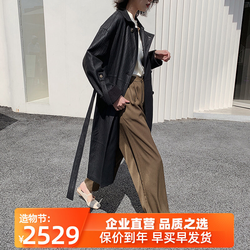 2022 spring and autumn new high-end imported leather sheepskin black two-sided long windbreaker leather jacket women