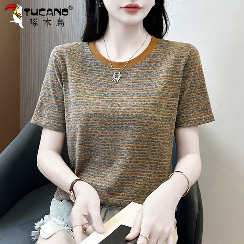 Woodpecker Striped Short-Sleeved Cotton T-Shirt for Women, New Summer Style, Casual, Versatile, Slimming, Stylish, Fashionable Round Neck T-Shirt