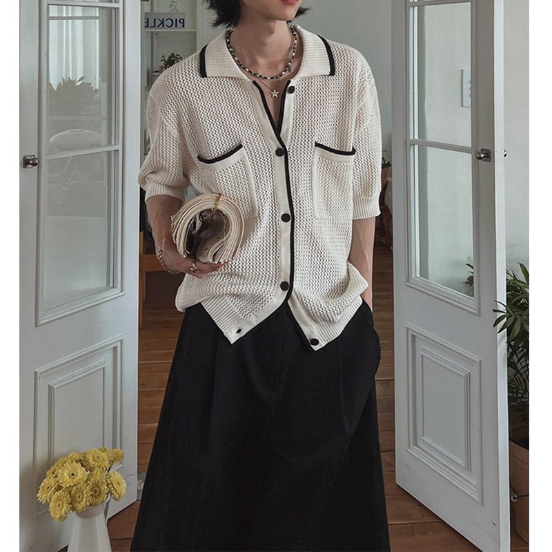 Chanel-Style Short-Sleeve Sweater for Men, Summer Loose Hollow-Out Turn-Down Collar Half-Sleeve T-Shirt, Korean Style Breathable Knit Cardigan for Commuting