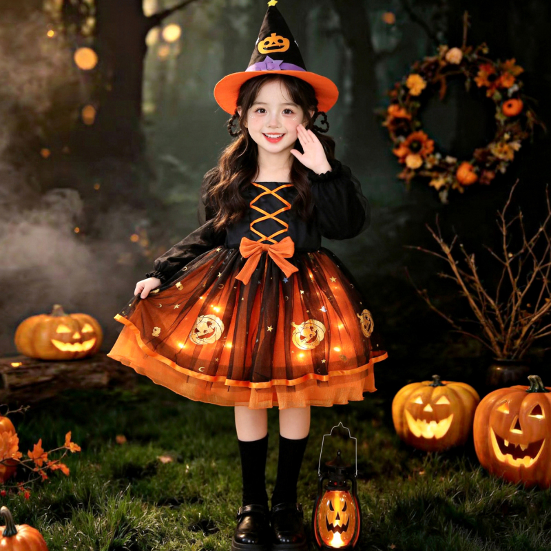 Girls' Autumn and Winter Halloween Witch Pumpkin Dress, Children's Stylish Lolita Performance Dress, Tutu Skirt Girls' Autumn and Winter Halloween Witch Pumpkin Dress, Children's Stylish Lolita Performance Dress, Tutu Skirt