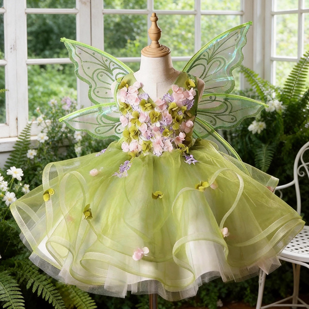 女の子向けの蝶の羽が付いた超おとぎ話のようなプリンセスドレス、2026年夏の新スタイル、小さな女の子向けのスタイリッシュな花の妖精ドレス