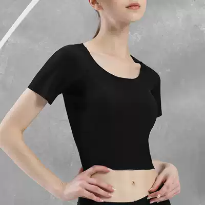 Ice ribbon chest pad bra one-piece short sleeve t-shirt women's summer thin style slim short short open navel bottoming top