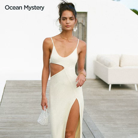 Myster Ocean 2022 new beige hollow sexy slim beach dress seaside holiday dress