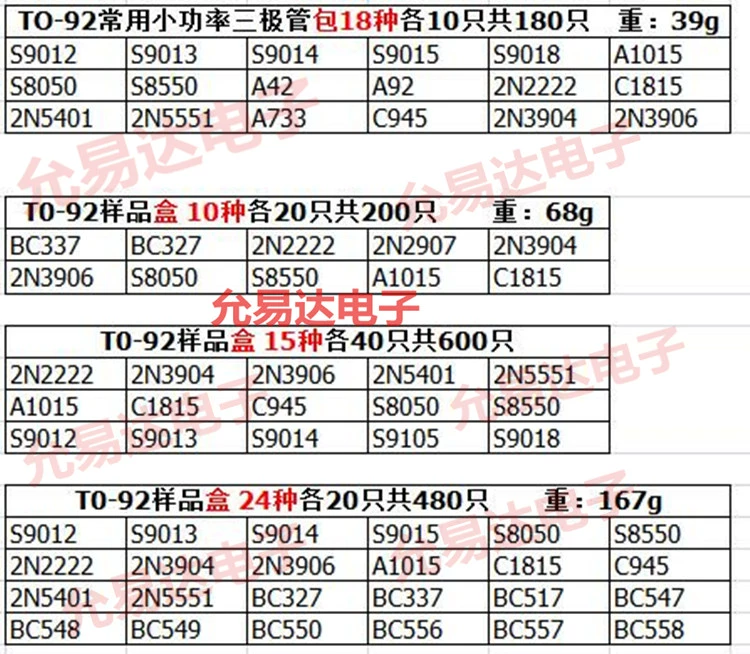 Mỗi loại 15 loại, mỗi loại 40 chiếc, tổng cộng 600 bóng bán dẫn TO-92 với 15 bóng bán dẫn hộp lưới