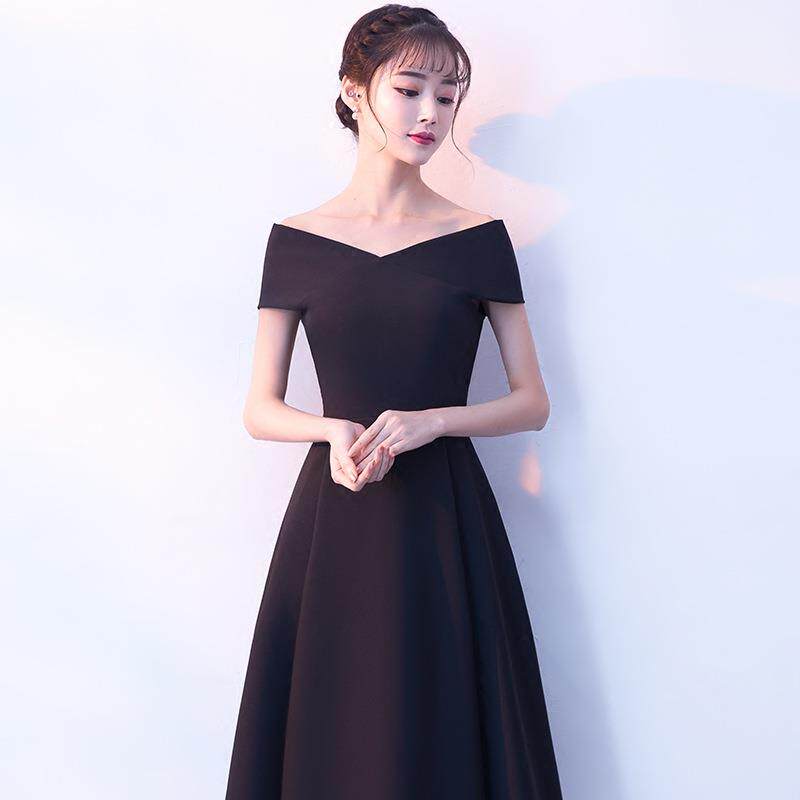 Evening dress 2020 new black company annual meeting banquet word shoulder dignified elegant thin medium-long dress