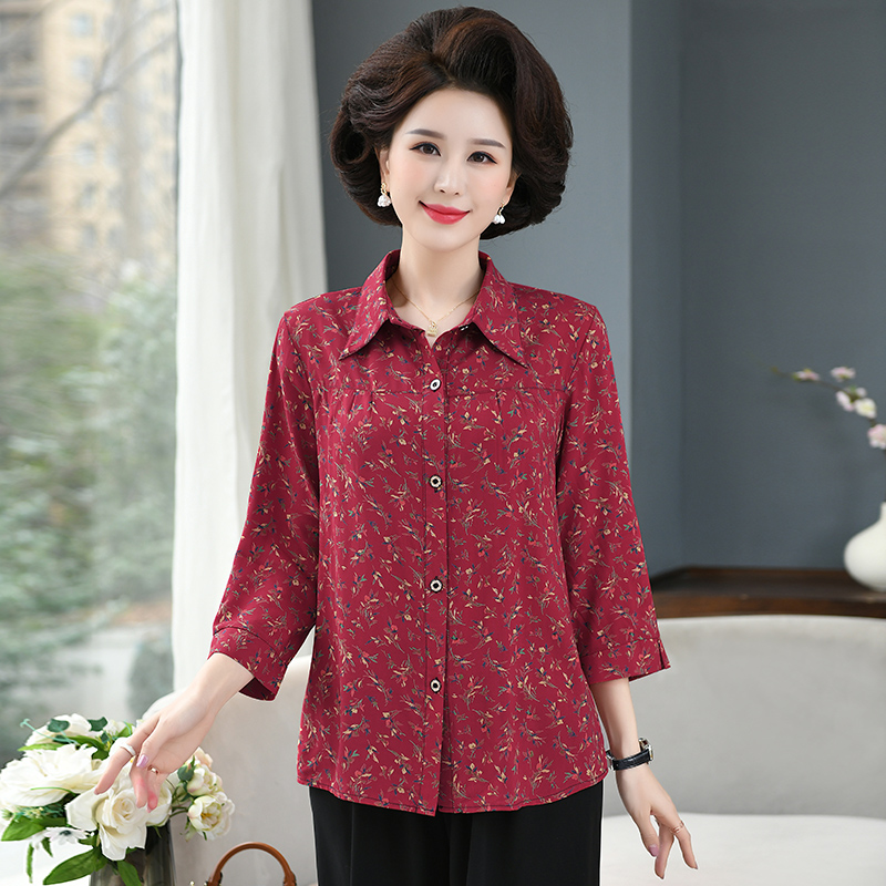 Summer new women's printed shirt seven-point sleeve cotton silk middle-aged and elderly mother top floral large size shirt thin