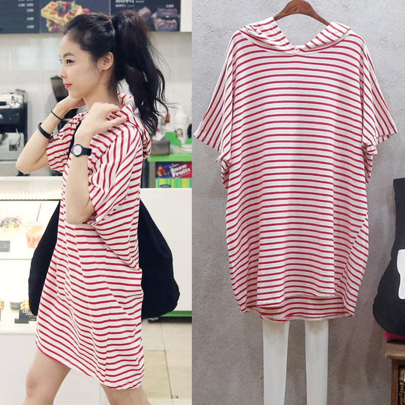 Spring and summer new Han edition of large-code beach skirt with hat skirt short sleeve T-shirt loose striped dress woman