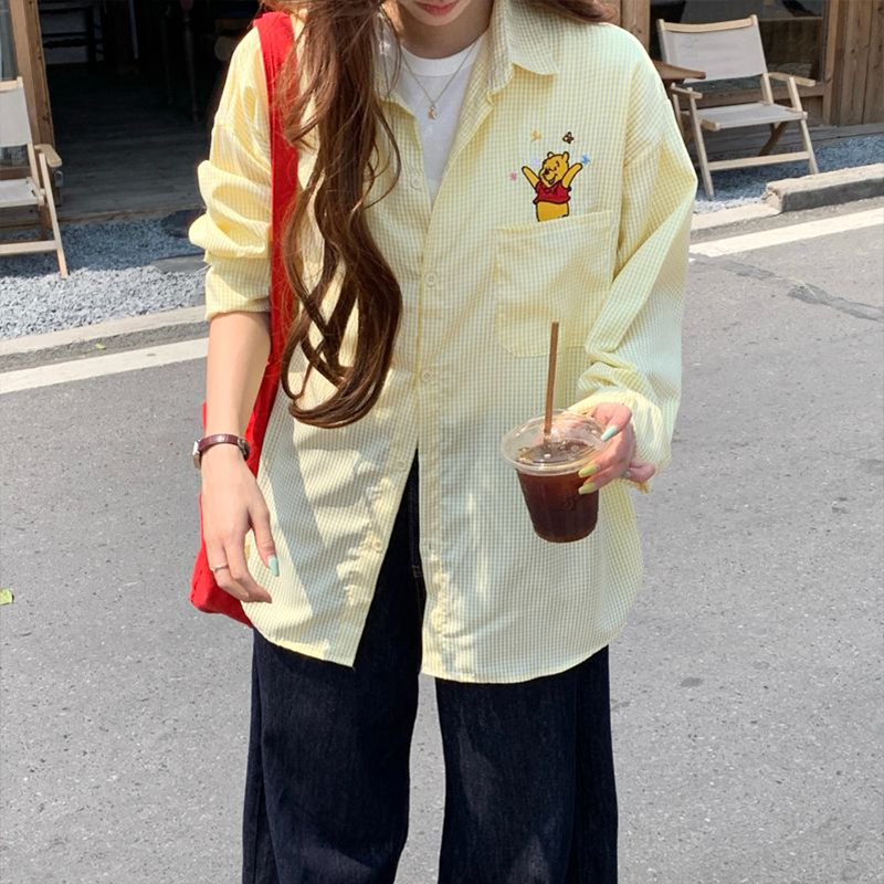 Dopamine Bear Embroidered Winnie Shirt for Women 2025 Spring/Summer Design Long Sleeve Top Jacket with Real Pockets Sun Protection